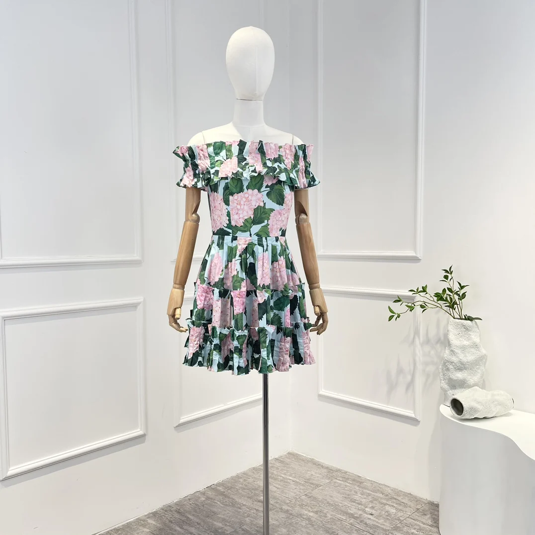 2023 Top Quality Spring Summer Collection New Unique Design Floral Printing Frill Ruffle Pleat Mini Dress for Women