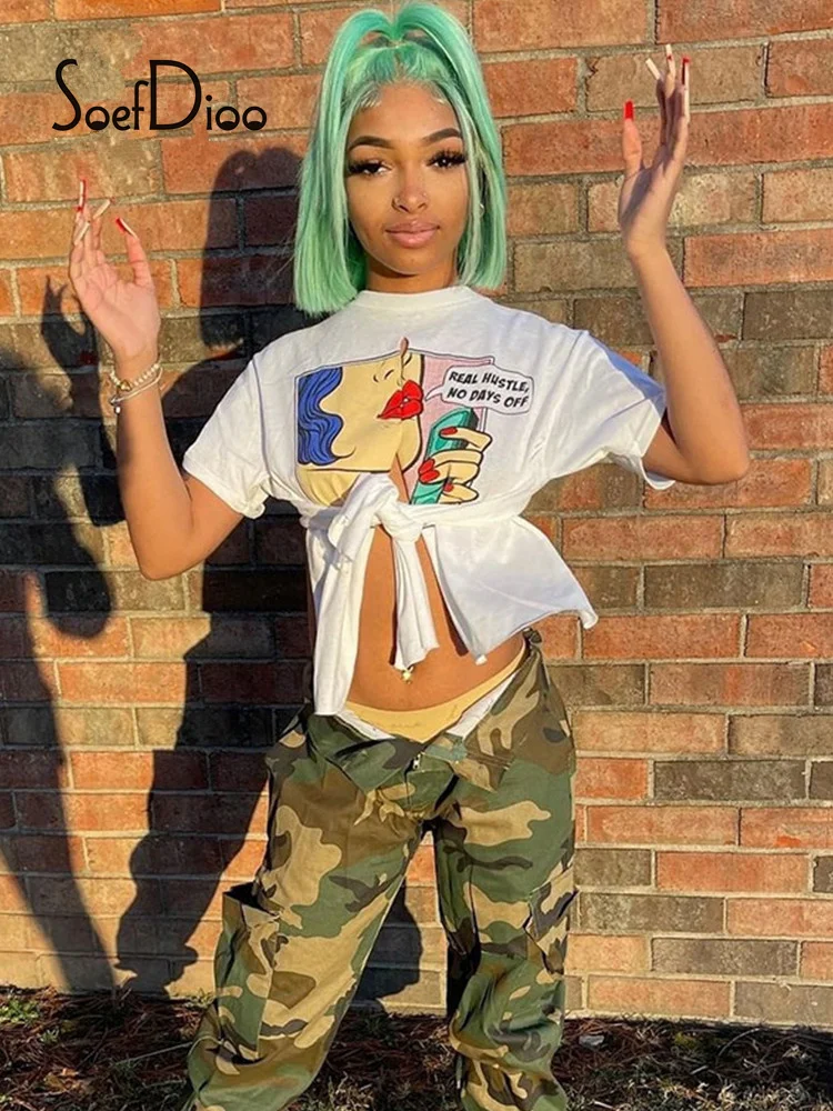 

Soefdioo White T Shirts Printed O-neck Short Sleeve Slit Crop Top Summer 2022 Backless Tops Women Clothes Vintage Streetwear