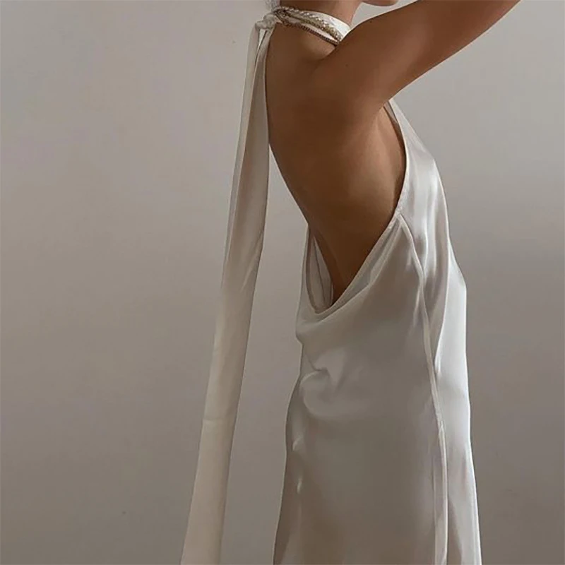 

Women Beach Outlet 2022 Cover Up Swimsuit New Summer Neck Sleeveless Satin Dress Hollow Out Backless Female Solid Polyester