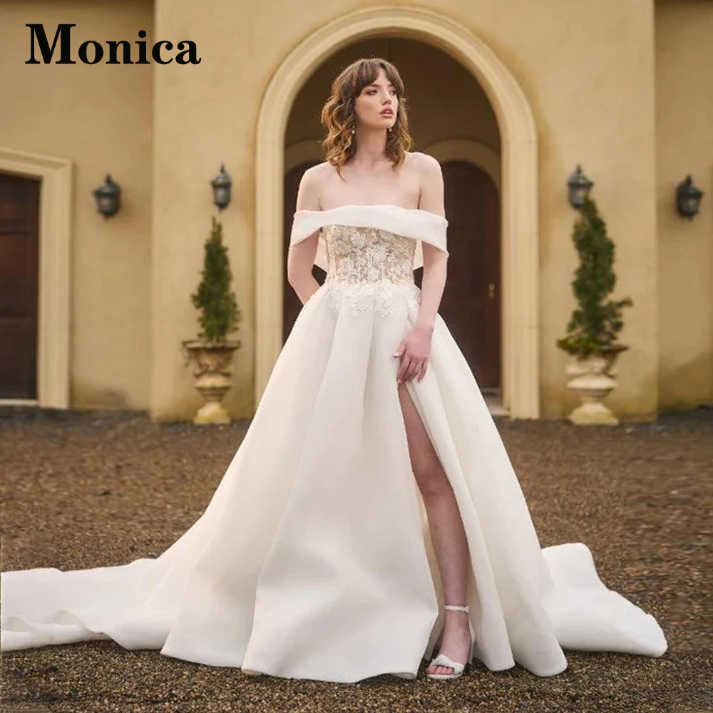 

MONICA Vintage A-LINE Wedding Dresses For Bride Slit Off The Shoulder Strapless Satin Backless Appiques Court Train Custom Made