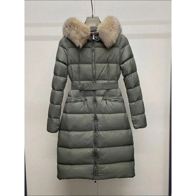 

New Winter Real Fur Collar Women's Down Jacket Mid-length Thickened Waist Closed Hooded Jackets For Women Fashion Feather Coats
