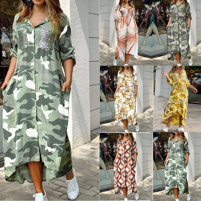 Fashion Sexy Dress for Women 2023 Spring and Summer Long-sleeved V-neck Shirt Long Dress