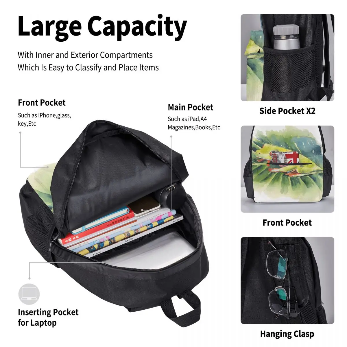 3 Pcs Frog Red-eyed Tree On Leaf Backpack Unique Knapsack for Teenagers Girls Boys Travel Bagpack Children School Bags |