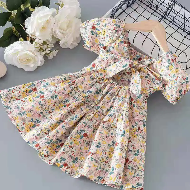 

Summer Baby Girls Dress Toddler Kids Short Sleeve Floral Printed Cotton Clothing Princess Dresses Girls Dresses