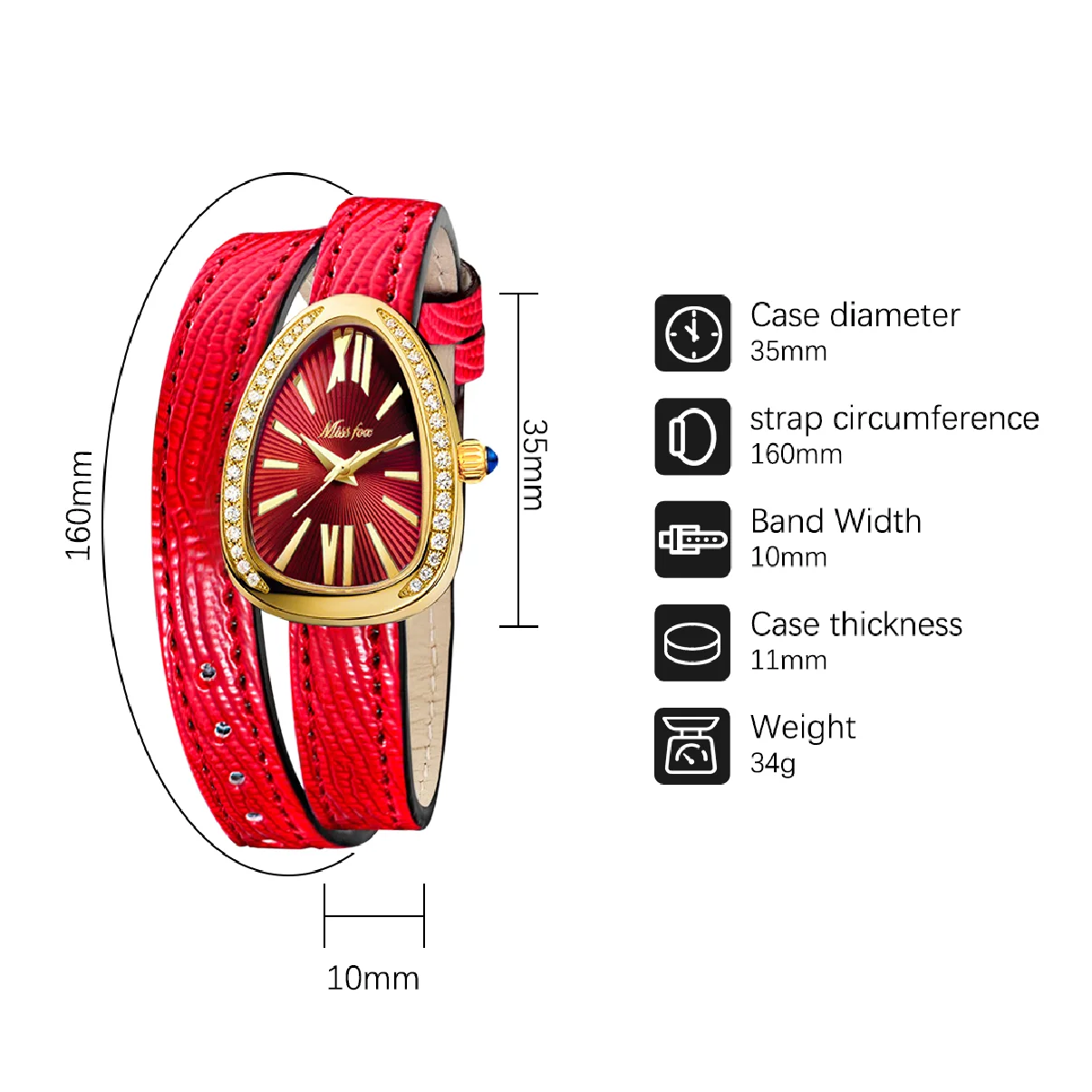 Long Leather Bracelet 18K Gold Plated Snake Bezel Japan Quartz Movement Stainless Steel 30m Waterproof Red Dial Women's Watches enlarge