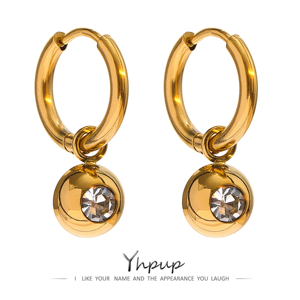 

Yhpup Round Bead Cubic Zirconia Hoop Earrings Stainless Steel Gold Color Huggie Earrings Fashion Jewelry for Women Gift 2022