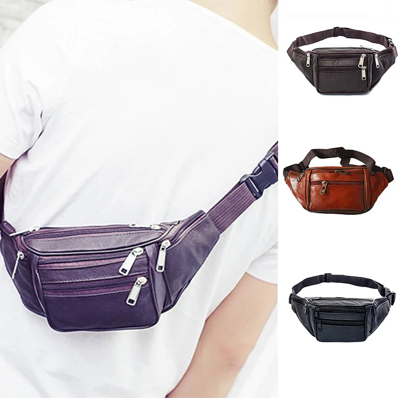 

PU Leather Nylon Mens Waist Belt Pack Storage Bag Women Hip Pouch Sundries Travel Storage Bags Black Coffee Brown