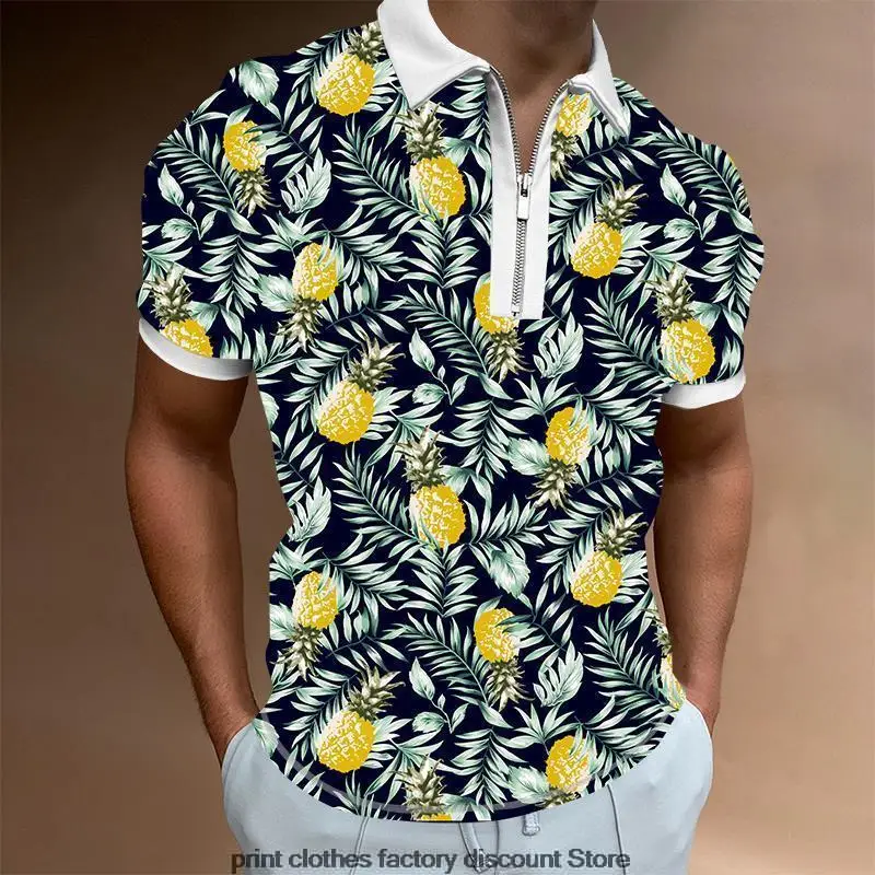 

Рубашка-поло мужская с отложным воротником, Повседневная модная блуза на молнии, с принтом ананасов, лето
