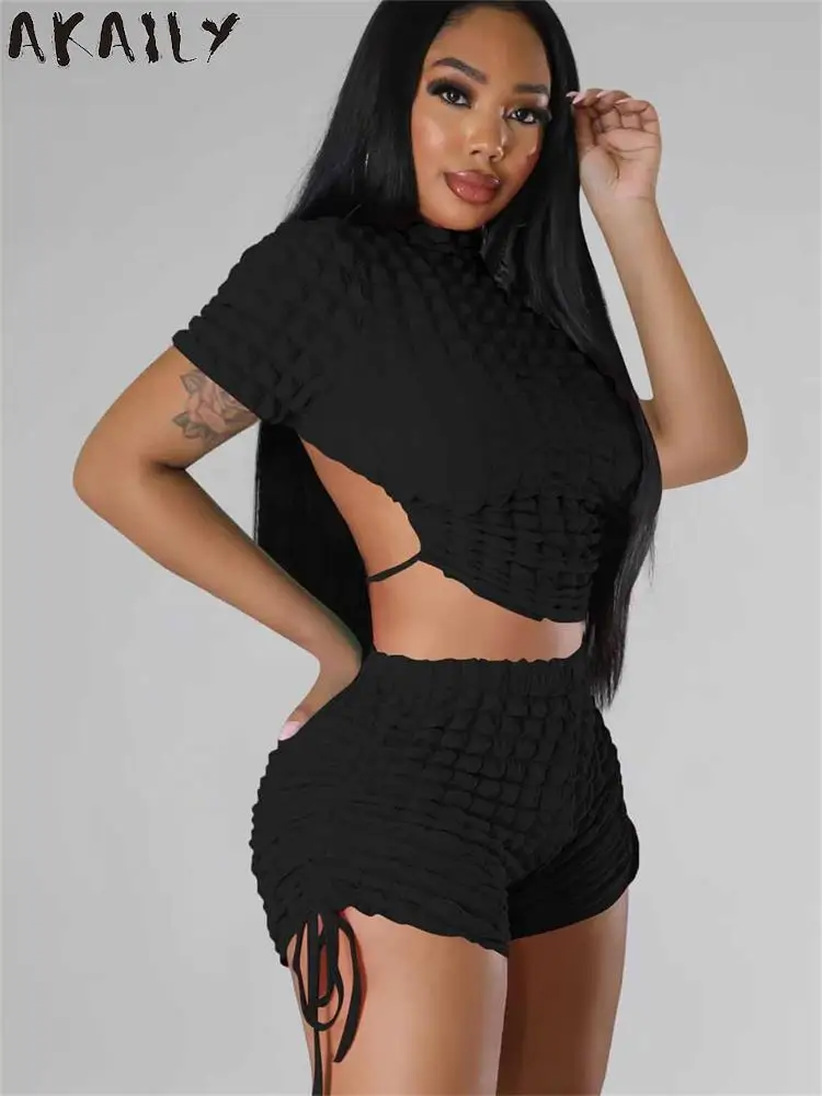 

Akaily Black Slim Bandage Backless 2 Two Piece Sets Summer Outfits For Women 2023 Sexy Booty Shorts Sets Casual Blue Shorts Sets