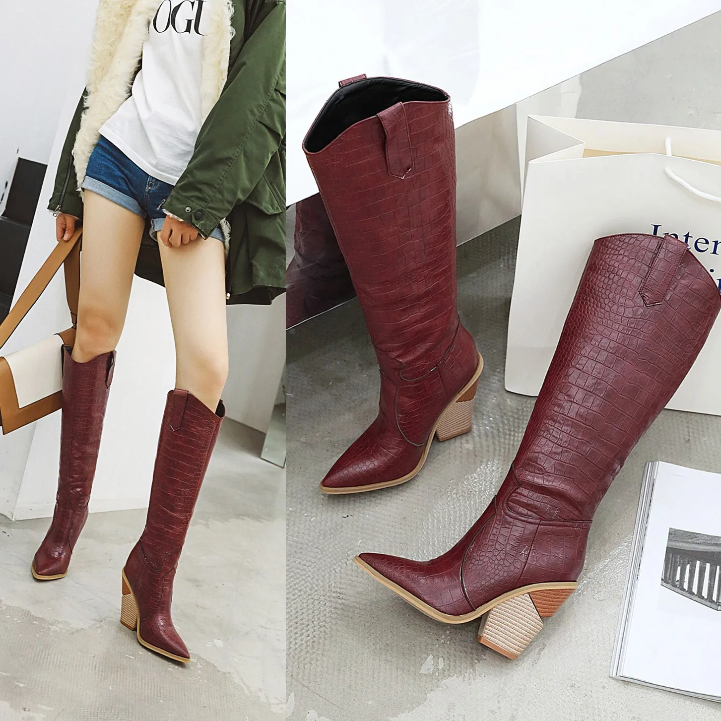 

Women Knee High Boots Western Cowboy Boots Winter Wedges Motorcycl Boots Female Shoes Pointed Toe Cowgirl Boots Zapatos De Mujer