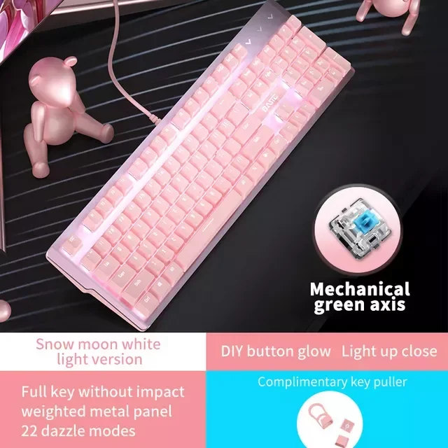 

2023NEW New Girly Pink Gaming Mechanical Wired Keyboard 104-Key white Backlight is suitable For PC/Laptop USB Wired Gamer Keybo