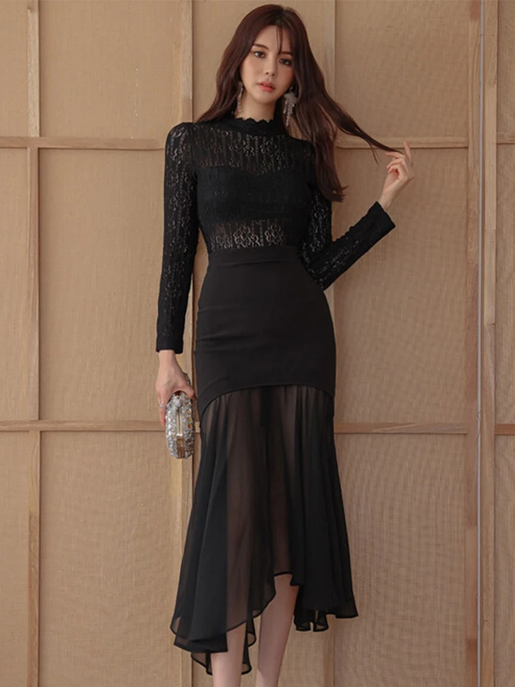 

Korean Style Sexy Black Dresses for Women Vintage Sheer Lace Perspective Chiffon Trumpet Robe Femme Wrap Hip Maxi Vestidos Mujer