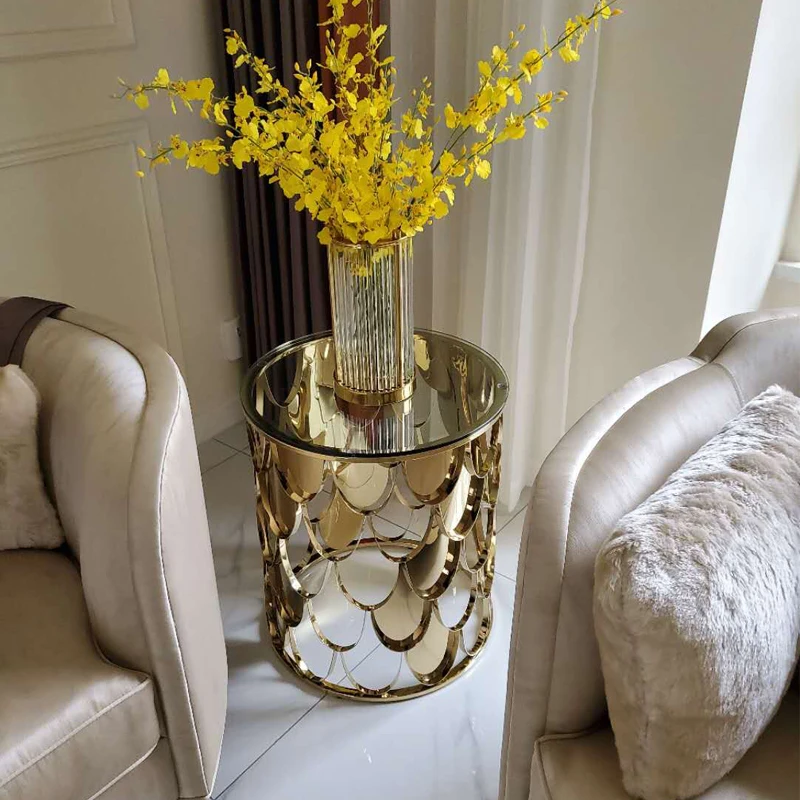 

Table Light Luxury Living Room round Stainless Steel Scale Hollow American Sofa Glass Corner Table Small Coffee Table