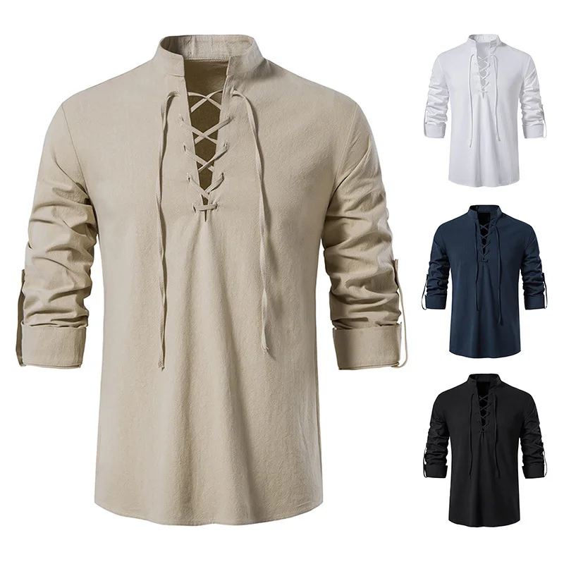 

Mens Cotton Linen Lace Up Long Sleeve Dress Shirts Medieval Viking Hippie Casual Beach Shirt Men Camisa Social Masculina XXL