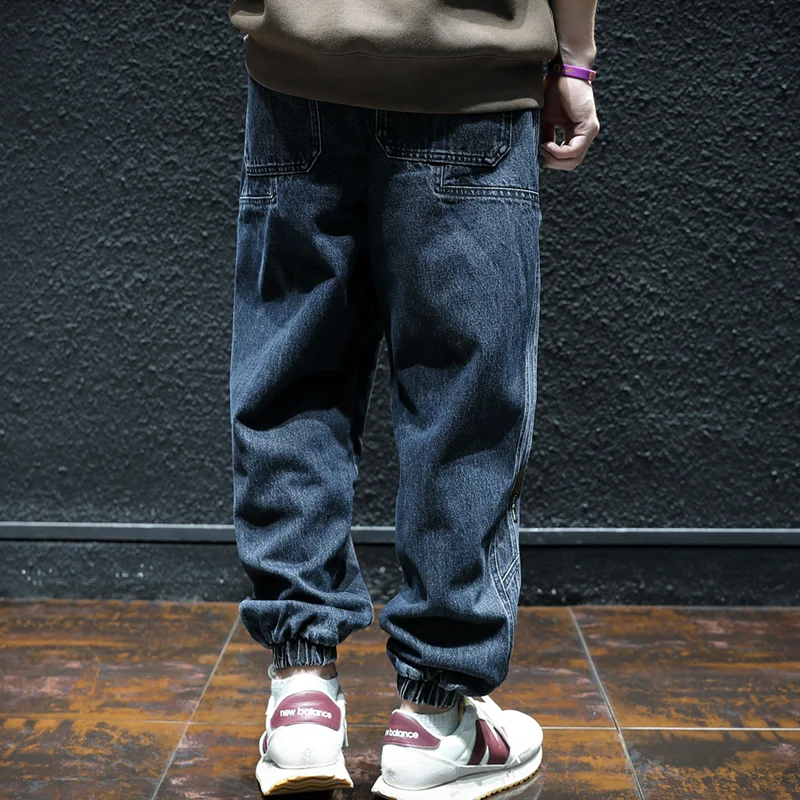 Men Clothing Autumn and Winter Loose Splicing Straight Cylinder Jeans Vintage Comfortable Navy Blue Plush Harun Trousers Female