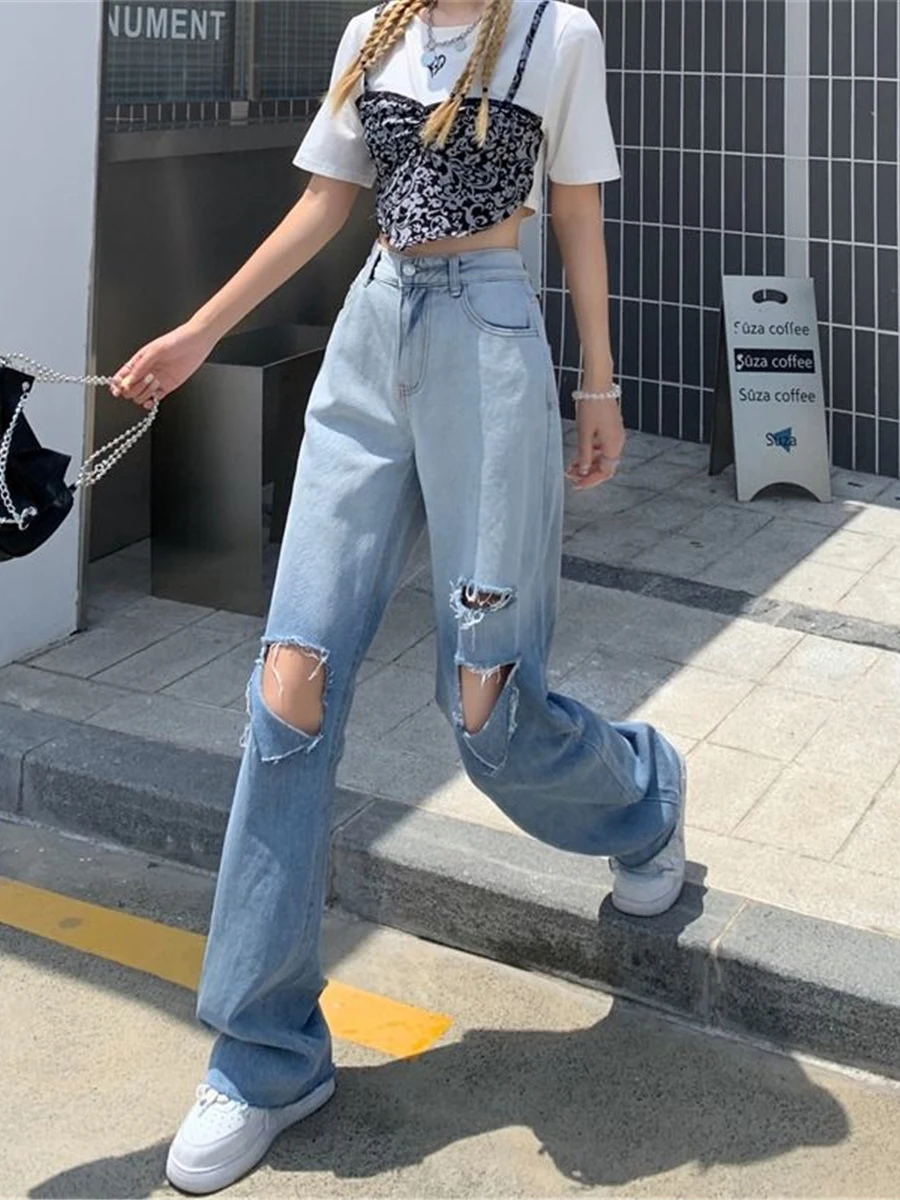 Джинсы женские рваные прямые в стиле Харадзюку забавные брюки-карго свободного