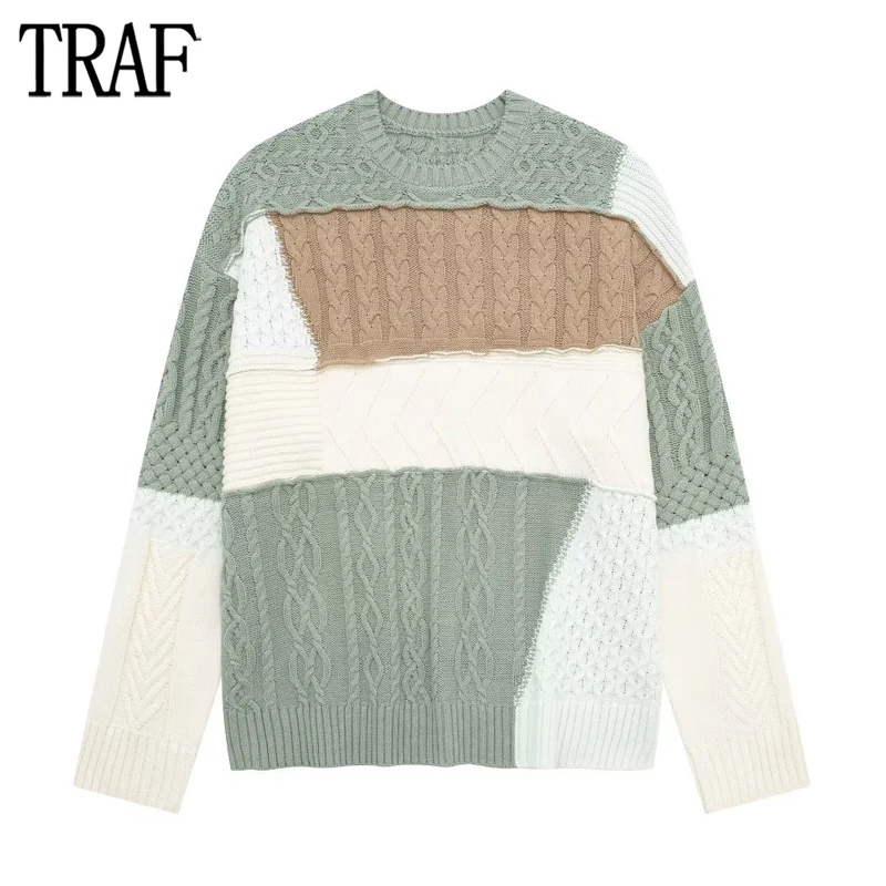 

TRAF Color Patchwork Sweaters for Women 2023 Pullover Oversize Sweater Woman Long Sleeve Knitted Sweater Women Autumn Jerseys