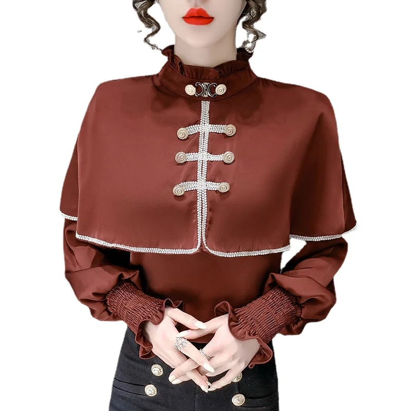 

Женская рубашка с длинным рукавом, Свободный Топ в дворцовом французском ретро-стиле с воротником-стойкой, весна 2022