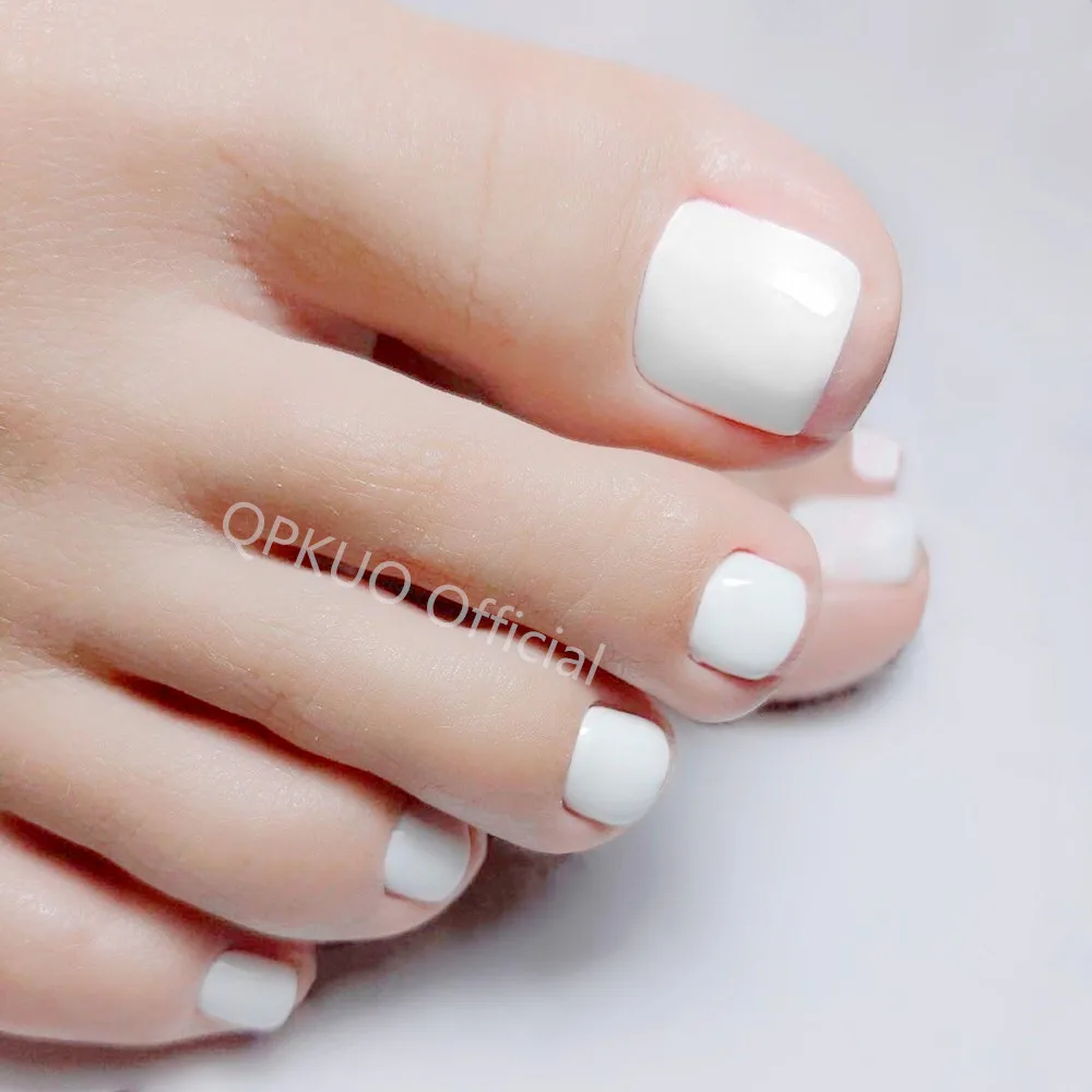 28Pcs Shiny White Fake Toenail With Jelly Glue Press On False Toe Nail Tip DIY Foot Nail Art Manicure Tools Daily Decoration