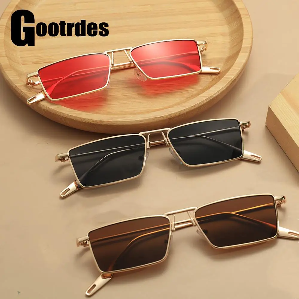 

Солнцезащитные очки в стиле ретро для мужчин и женщин, узкие прямоугольные металлические модные солнечные очки в стиле хип-хоп, с защитой от ультрафиолета, лето 2022