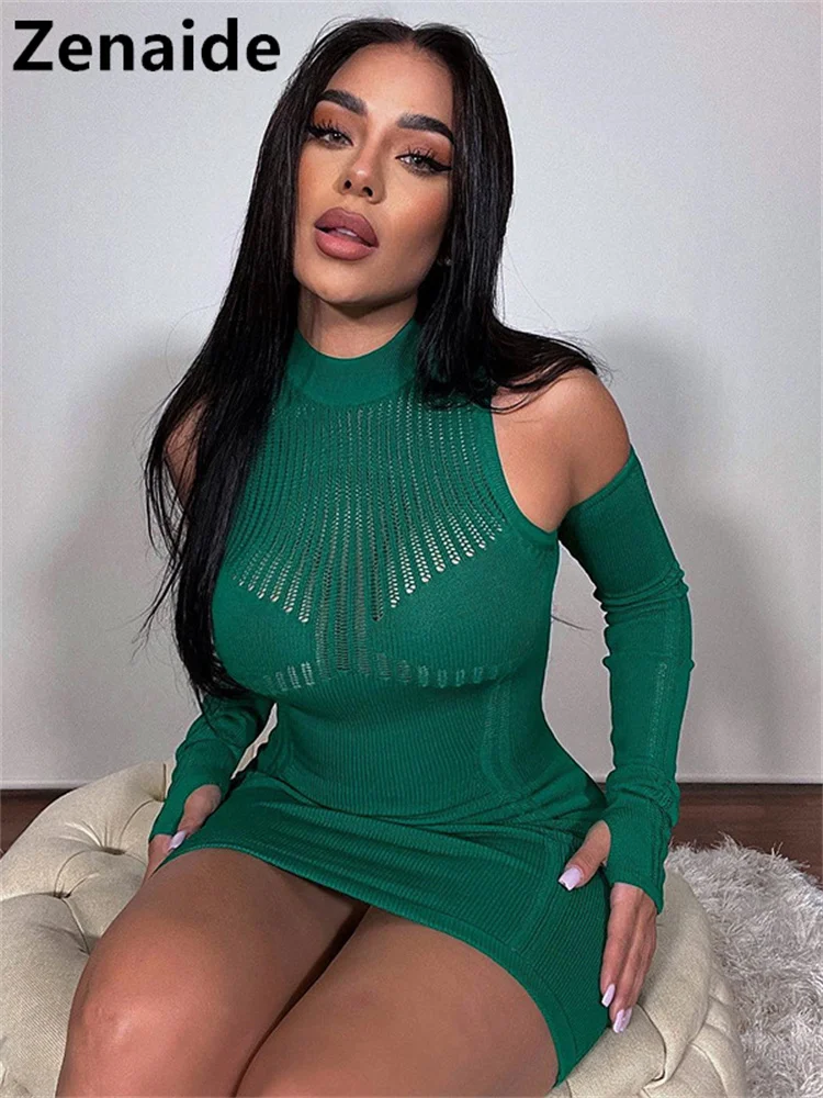 

Zenaide Long Sleeve Off Shoulder Women Dress Knitted See Through Sexy Bodycon Mini Dresses Black 2022 Autumn