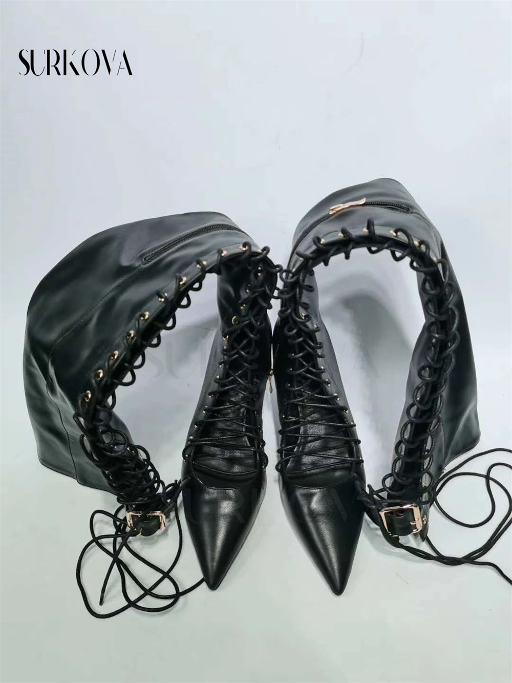 Sexy Women Boots Cross Lace Over The Knee Boots Sexy Point Toe Women Boots High Heel for Ladies Genuine Leather Motorcycle Boots