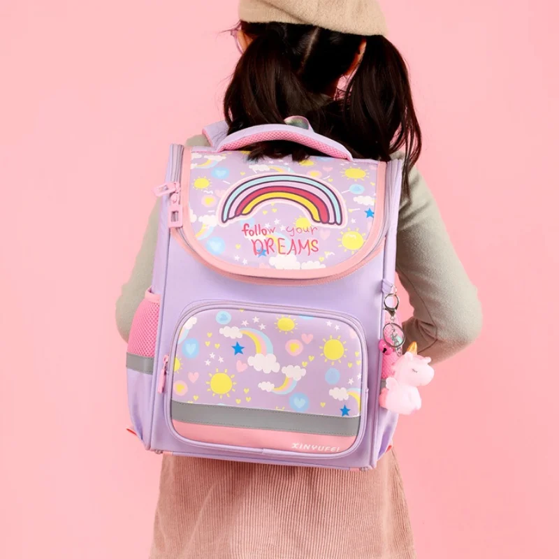 Lovely Girls Princess Rainbow Fashion Large Backpacks New Children Boys Students Grades 1-3 Schoolbags with Unicorn Pendant Hot