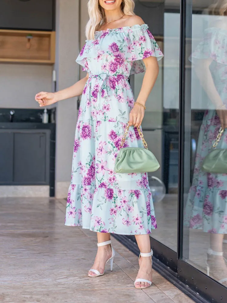 

Elegant One Shoulder Ruffle Edge Women A-Line Dress 2022 Summer Floral Pirnt Hem Long Dress Fashion Waist Belt Party Maxi Dress