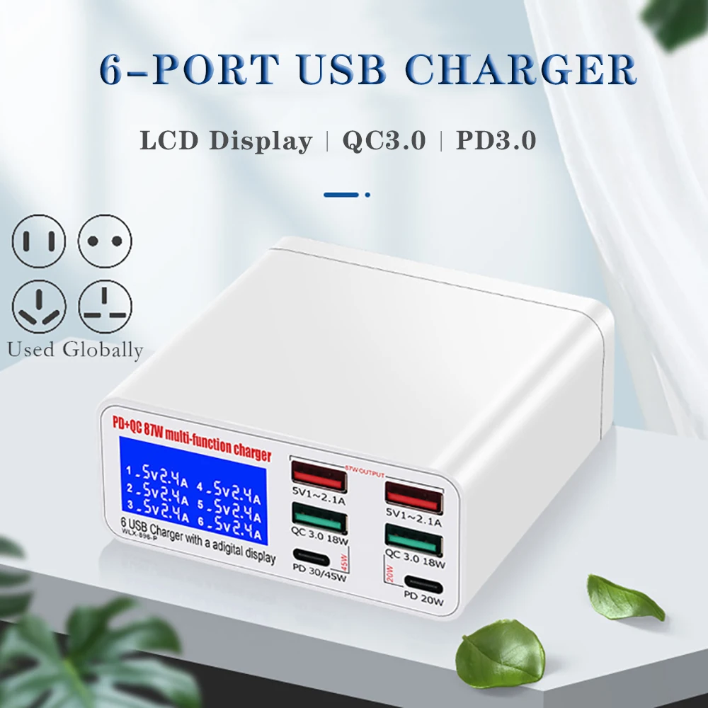 

6-Port USB Charger PD USB C Fast Charger for iPhone 13 12 Pro iPad Quick Charge Phone Charger Adapter for Huawei Samsung Xiaomi