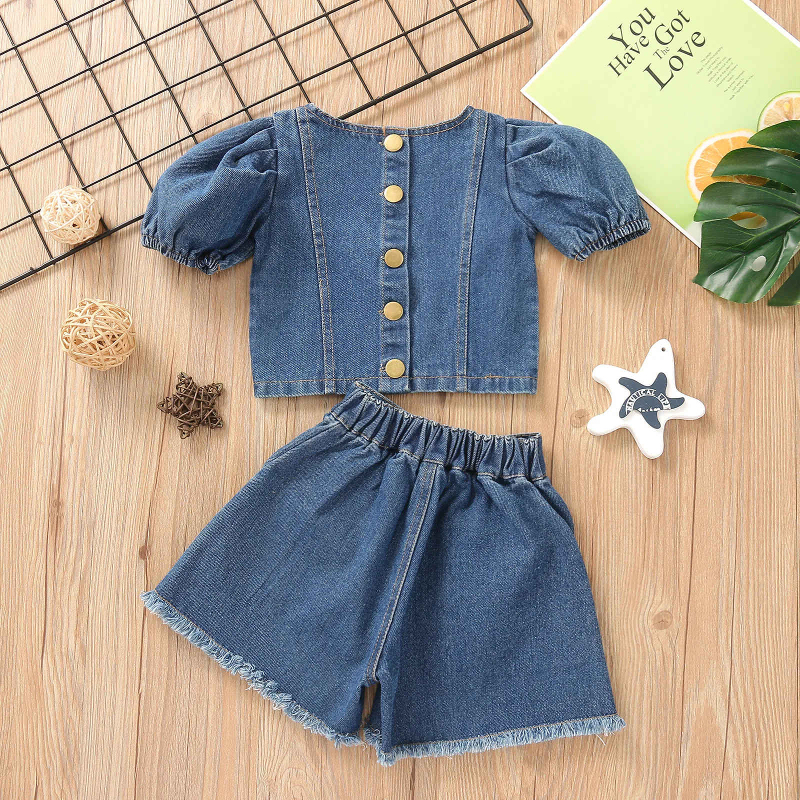 

Baby Girls Outfit Set Girls Round Neck Bubble Sleeve Solid Color Denim Shorts Set Baby Girl Clothes