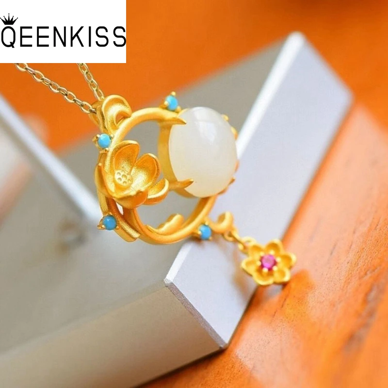 

QEENKISS NC5265 Fine Jewelry Wholesale Fashion Woman Bride Mother Birthday Wedding Gift Vintage Lotus Jade 24KT Gold Necklace