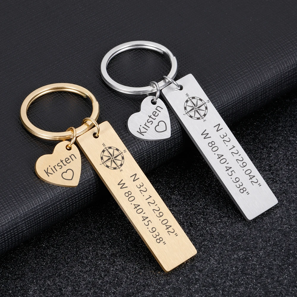 

Valentines Gift Key Chains Girlfriend Boyfriend Couples Keychain Engraved Name and Latitude Lover Stainless Steel Keyring