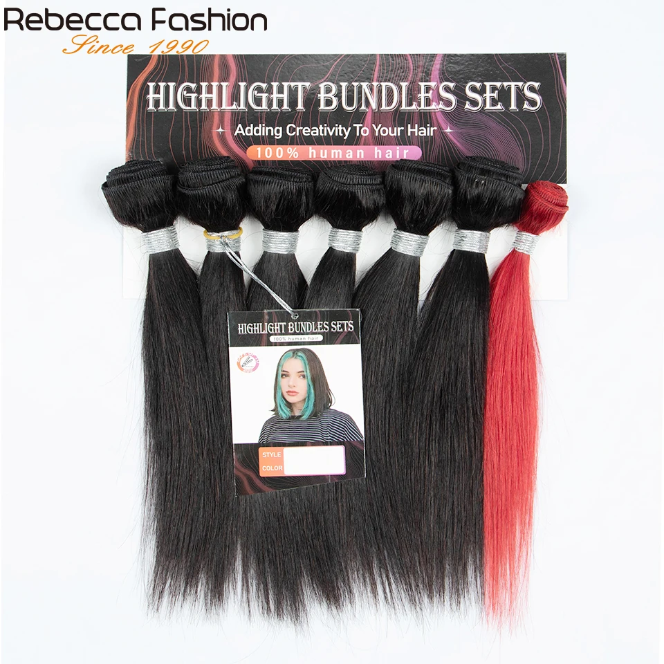 

Rebecca 7Pcs/Lot Brazilian Straight Human Hair Bundles For Short Cut Bob Human Hair Wig Green Purple Straight Hair Extensions