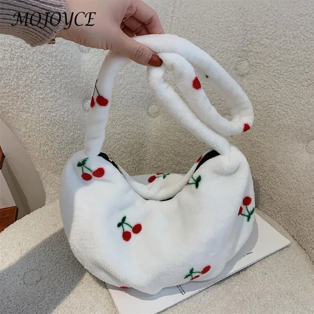 

Female Fashion Cherry Pattern Shoulder Bag Winter Mobile Phone Top-Handle Bag Warm Plush Tote Decorative Handbag