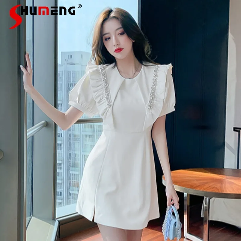 

Женское короткое платье с зауженной талией, однотонное элегантное платье в французском ретро стиле Стразы, лето 2022