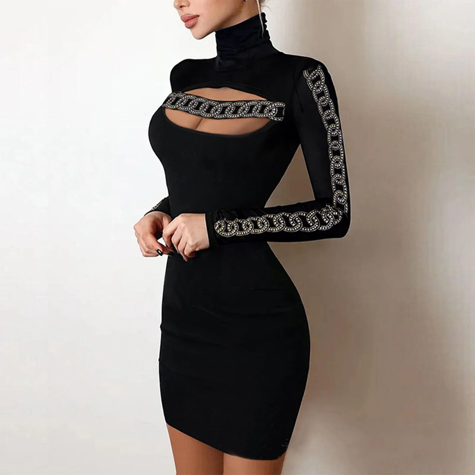 Europe And The United States New Hot Stitching V Neck Pleated Satin New Sexy Dress Midi Dress