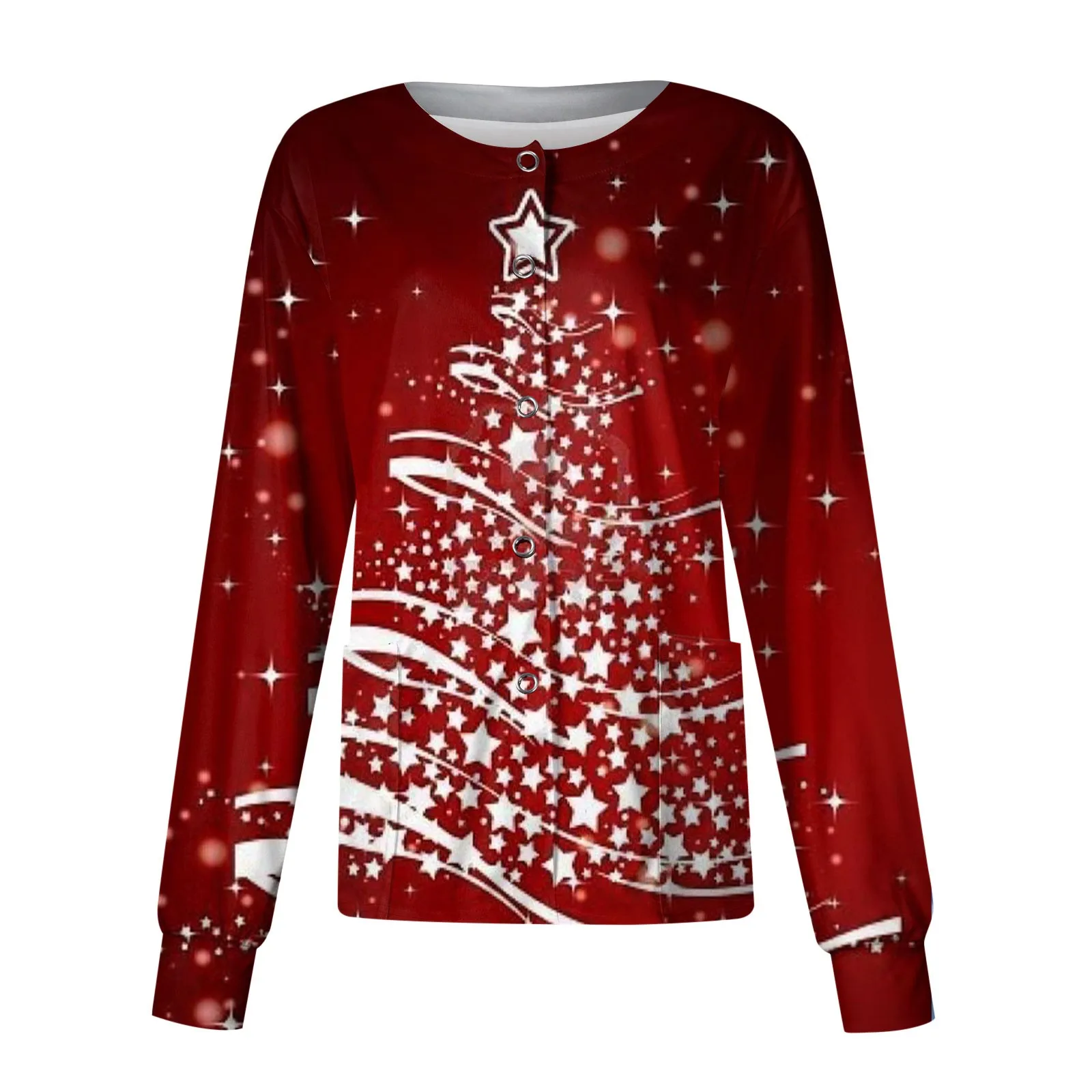 

Women Long Sleeve Christmas Print Pattern Pocket Working Stand-Up Collar Single-Breasted Protective Overalls Cardigan Jacket Top