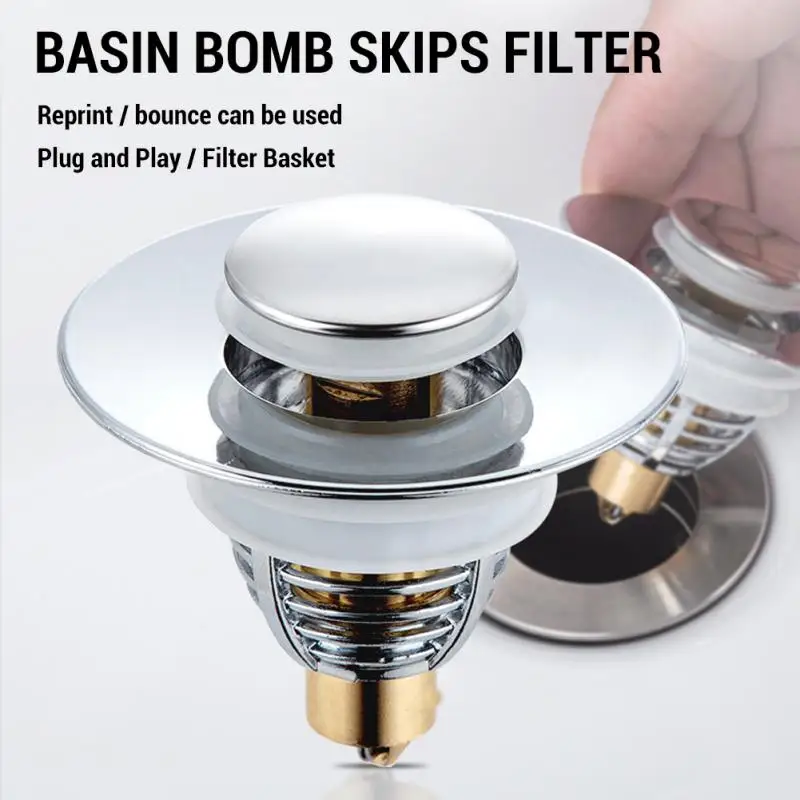 

Universal Basin Drain Filter Copper Stainless Steel Press Bounce Basin Drain Filter Sink Filter Plug Hair Catcher Bathroom Tool