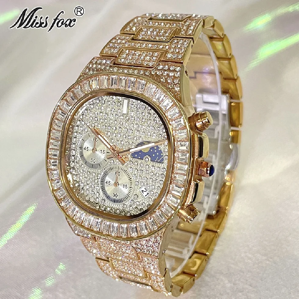 

Hip Hop MISSFOX Rose Gold Watch For Men Luxury Diamond Moon Phase Male Quartz Clock Calendar Waterproof Classic Bling Wristwatch