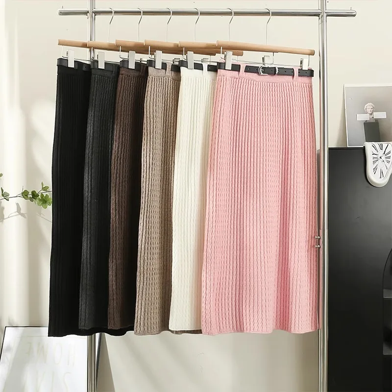 

Knitted Longskirt for Women Autumn Belt Pleated Skirts Womens A-line Hip Wrap Straight Skirt Female Casual Almighty French Style