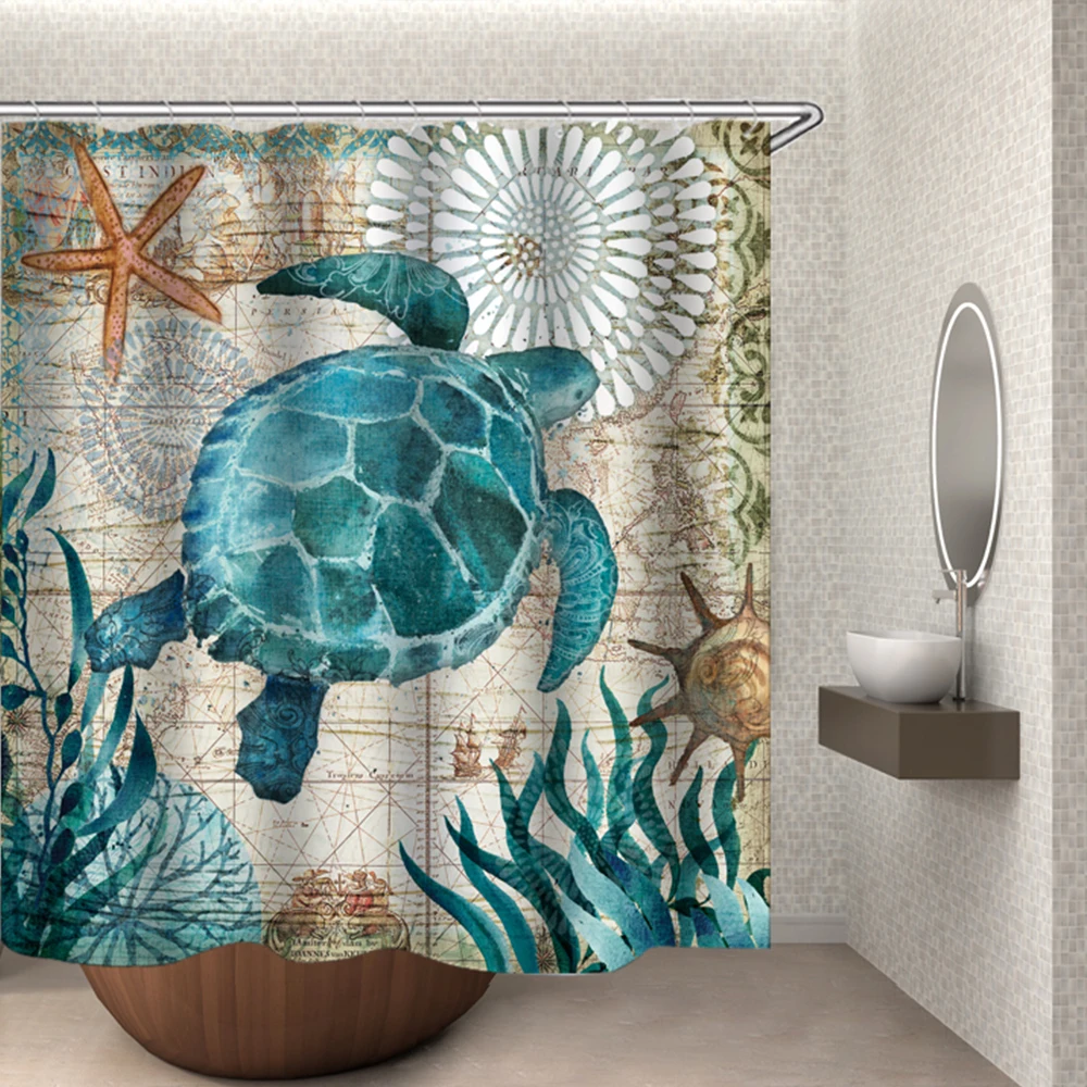 

Nautical Green Sea Turtles Beach Theme Fabric Shower Curtain Sets Bathroom Blue Ocean Decor with Grommets and Hooks
