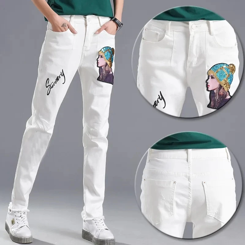 

Женские белые джинсы на весну и осень, Новые повседневные эластичные джинсовые брюки с принтом и рисунком, женские универсальные брюки-карандаш