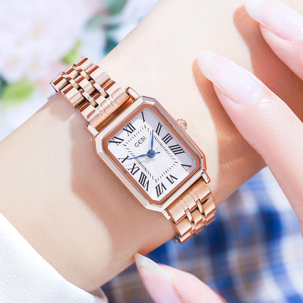 GEDI Fashion Rectangle Silver Stainless Steel Ladies Watch 30m Waterproof Roman Dial Quartz Watch for Women Gifts Dropshipping