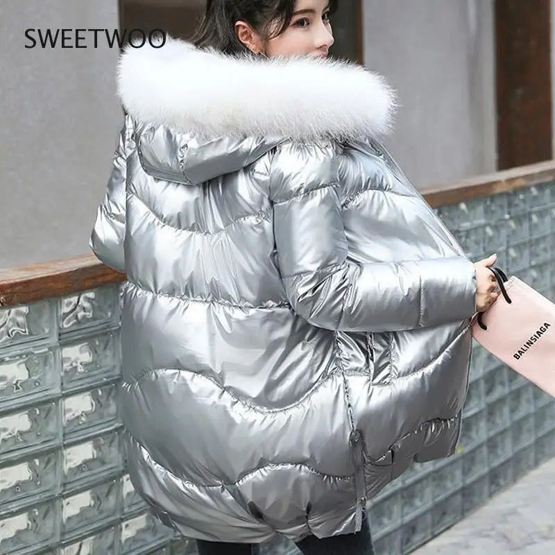 2021 Winter Jacket Women's Parkas Hooded Big Fur Collar Down Cotton Jacket Glossy Long Parka Thick Padded Female Casual Outwear