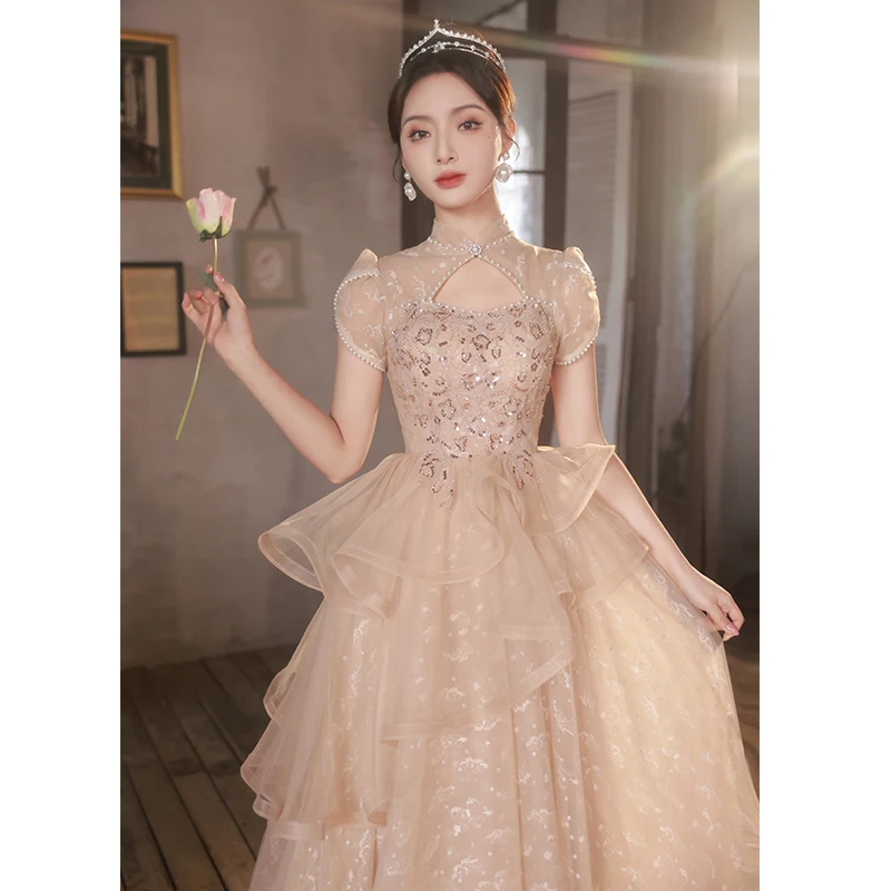 

A Line French Style Square Collar Evening Dress Short Puff Sleeve Luxury Khaki Applique Sequin Pearl Bead Party Vestido De Festa