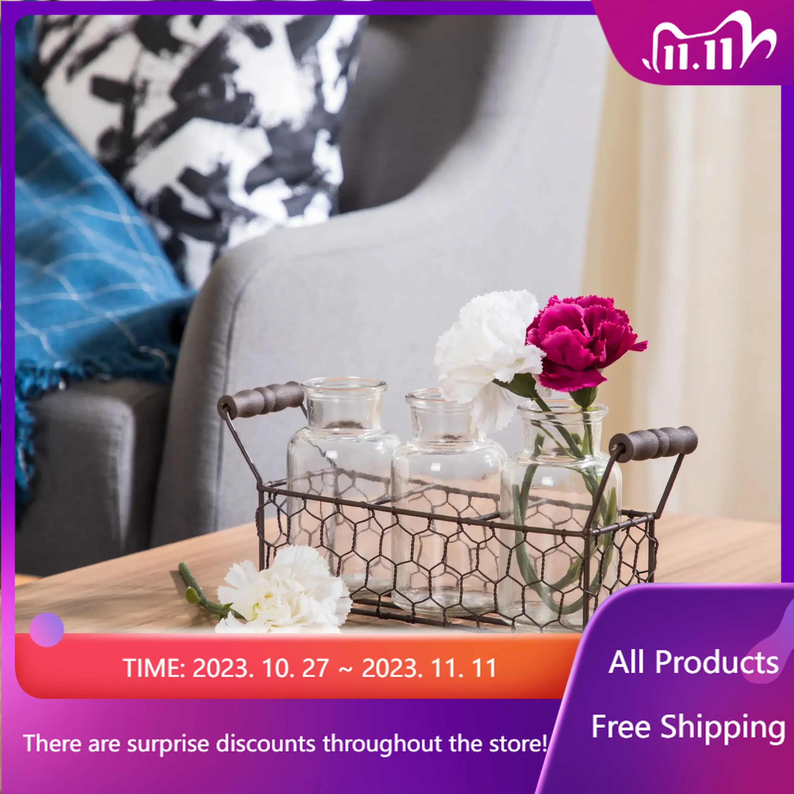 

Brown Chicken Wire Storage Basket with Handles and 3 Glass Bottles, 11"L x 3"W x 4.7"H Rapid Transit