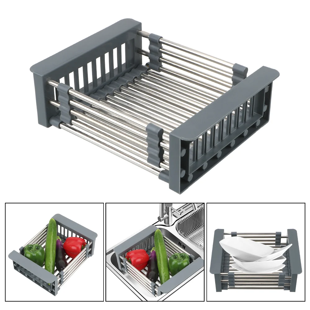 

Stainless Steel Adjustable Sink Dish Drainers Drain Basket Kitchen Organizer Telescopic Sink Storage Rack Dish Drying Rack