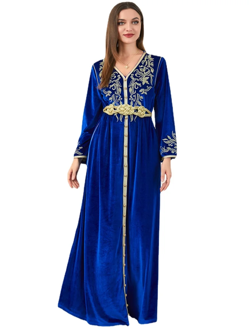 

Winter Moroccan Embroidered Caftan Arabic Long Dress Women GoldenTrim Muslim Party Dresses Dubai Turkish Modest Abayas Kaftan