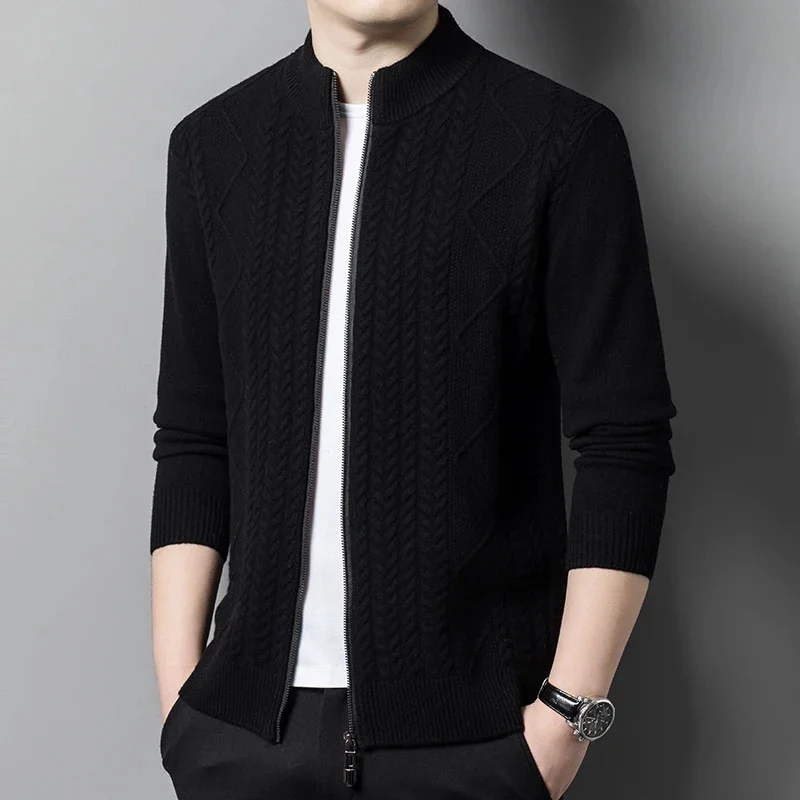 Мужской шерстяной свободный свитер кардиган на молнии средней высоты из 100%