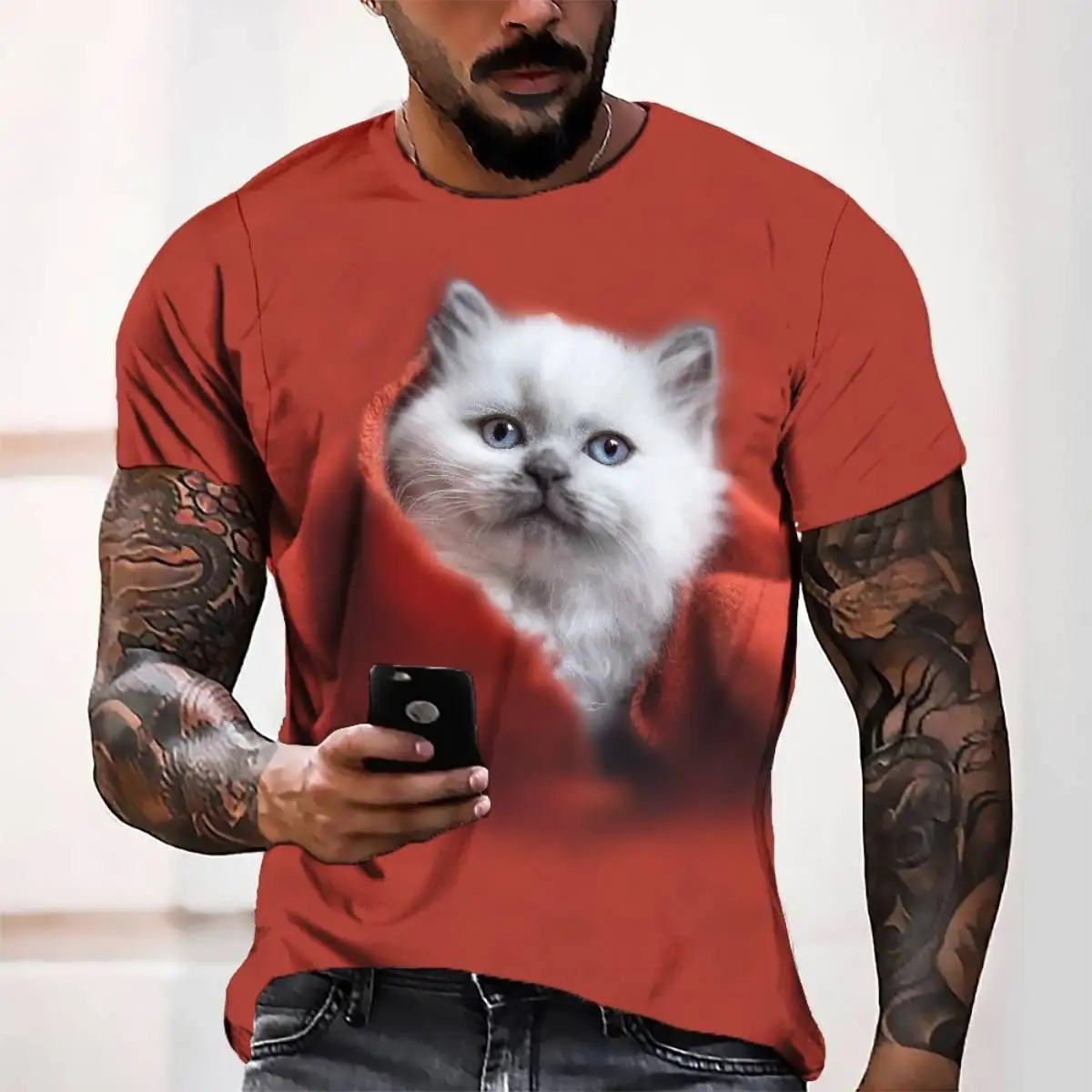 

3D digital print carpet cat man casual loose short-sleeved T-shirt